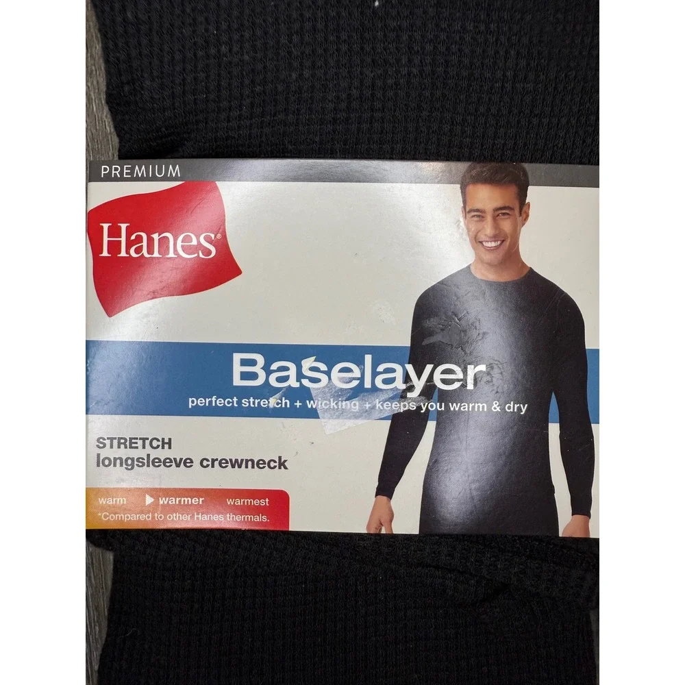Hanes Premium Mens‎ Baselayer Set of 2 Black Waffle Long Sleeve Crewneck XL New